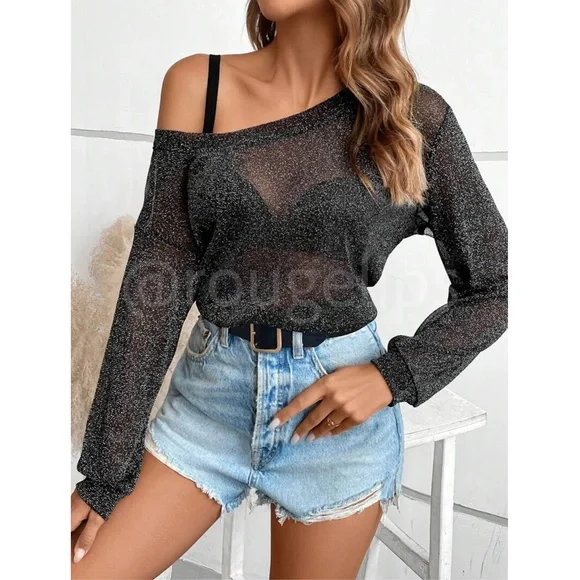 Black Lurex Sheer Black Long Sleeve Asymmetrical Neck - Picture 3 of 9